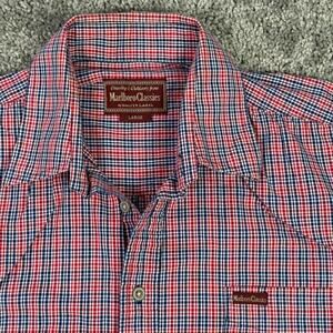 MARLBORO CLASSICS Shirt Mens L 100% Cotton Red Blue Plaid Button Up Short Sleeve